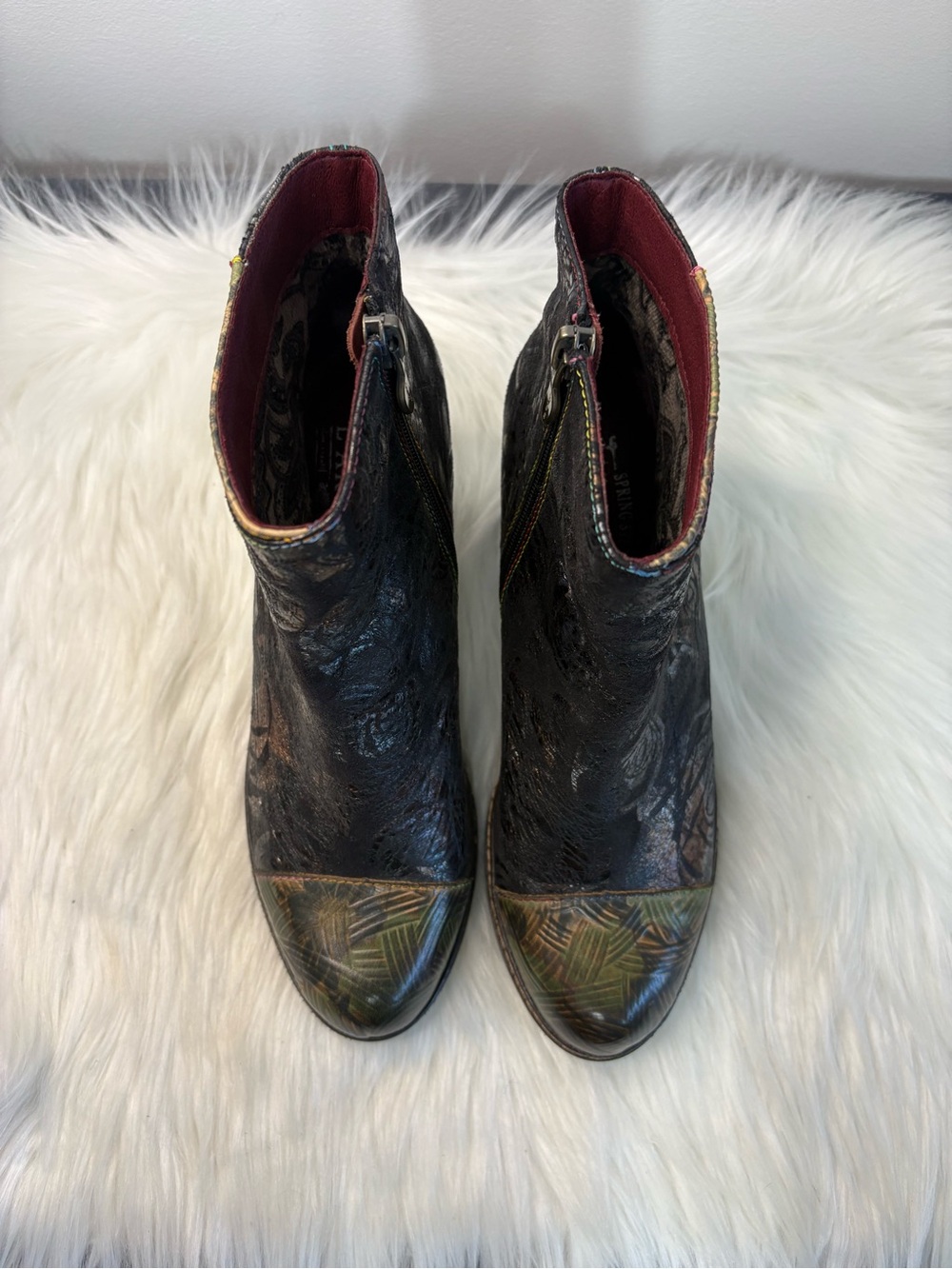Women's Black Leather Ankle Booties with Olive-Patterned Toe - Picture 2 of 11